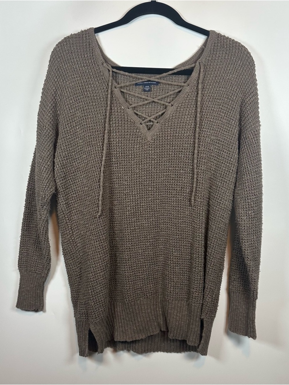 American Eagle Brown Waffle Print Lace Front Knit  Pullover Hoodie Women’s L